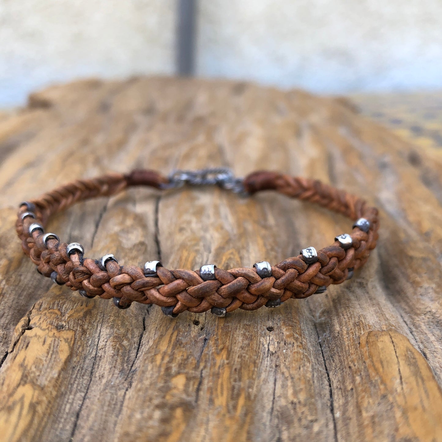 Hilltribe Silver Beads On Braided Tan Leather Cord