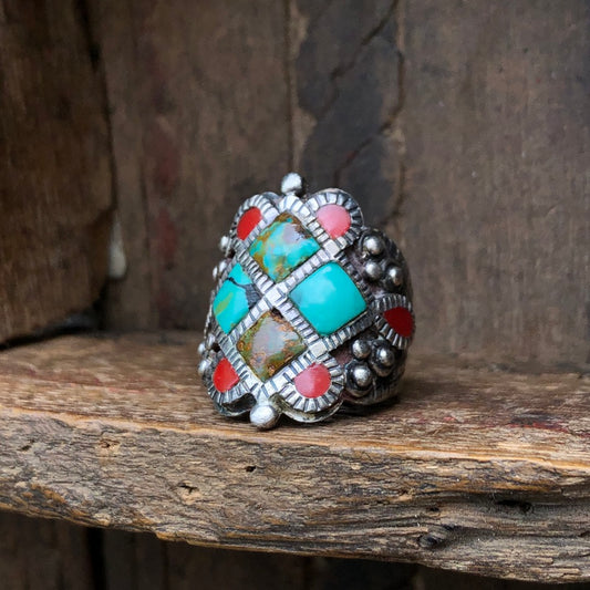 Turquoise And Coral Inlay Ring