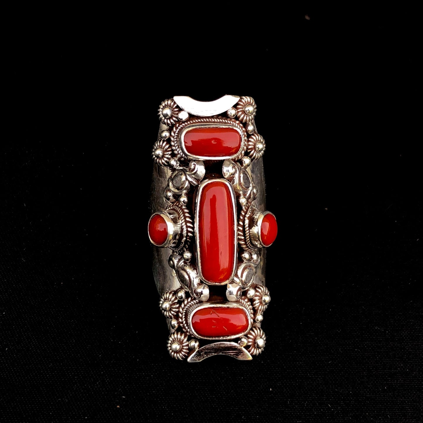 Red Coral Silver Saddle Ring