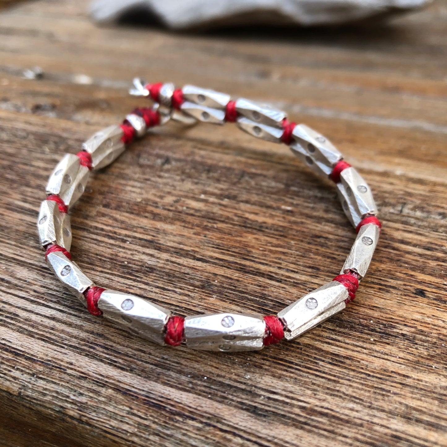 Solid Hilltribe Silver Beads On Linen Cord Bracelet