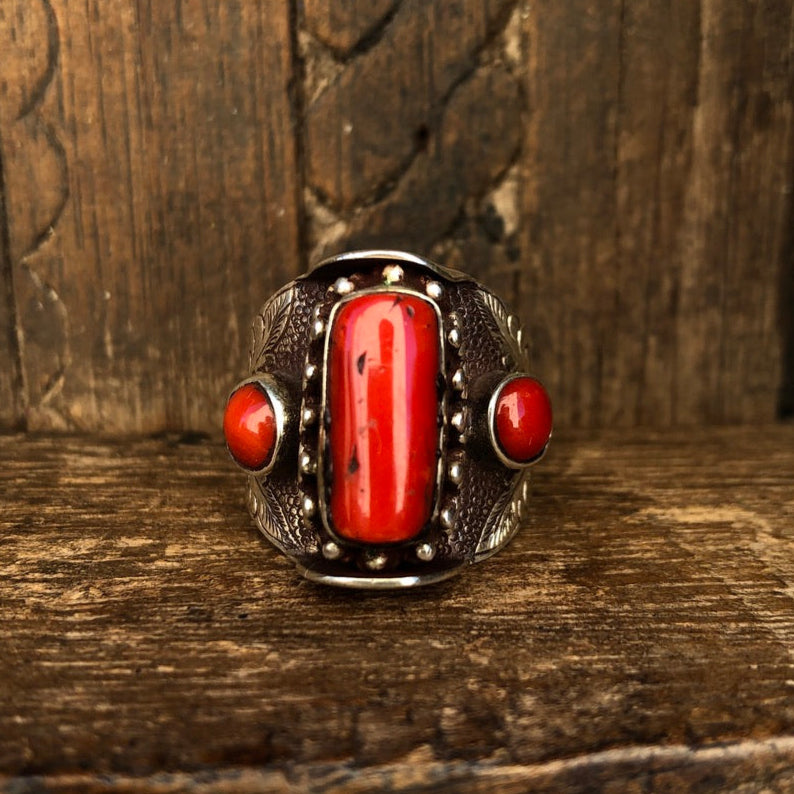 Red Coral Silver Saddle Ring