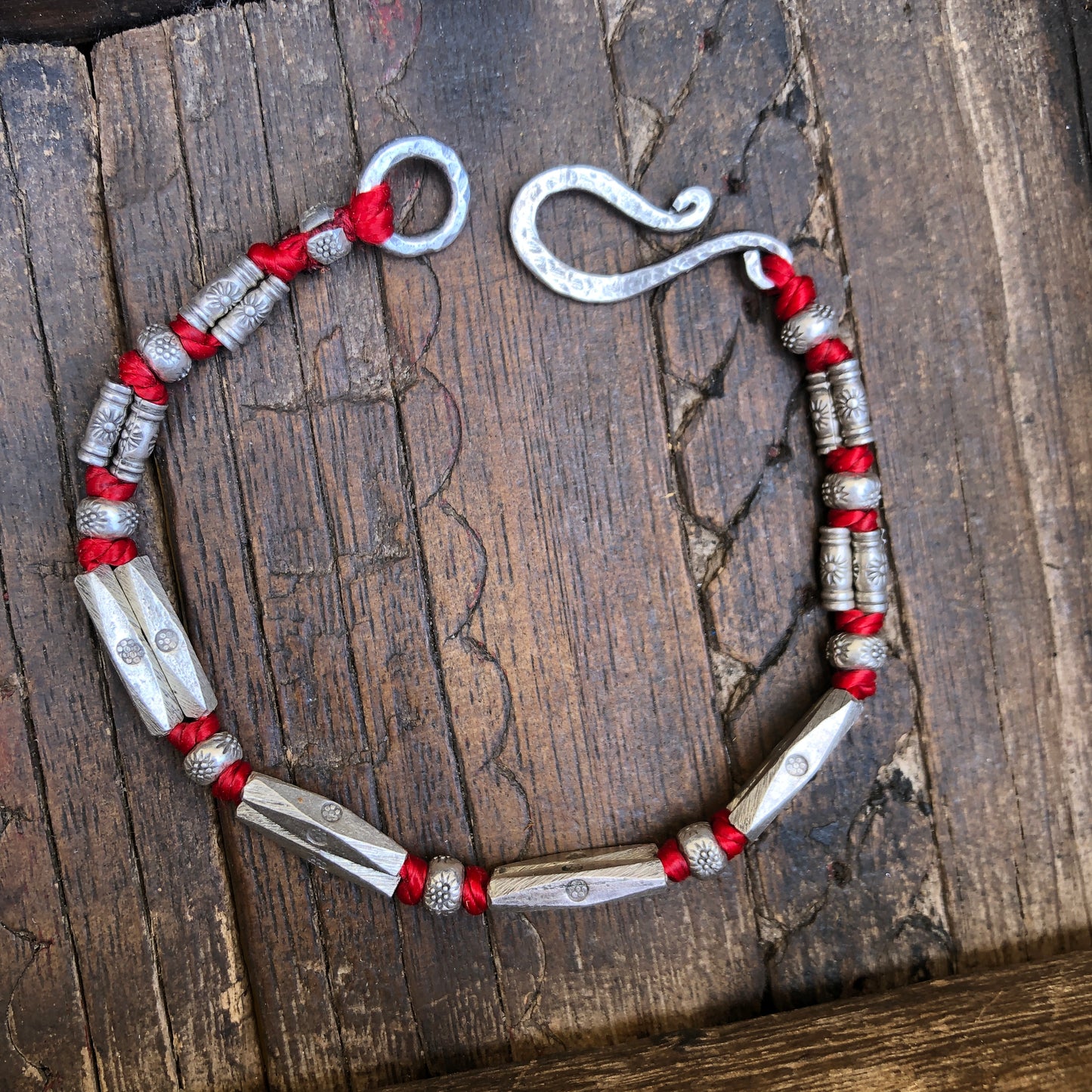 Solid Hilltribe Silver Beads On Red Cord Bracelet