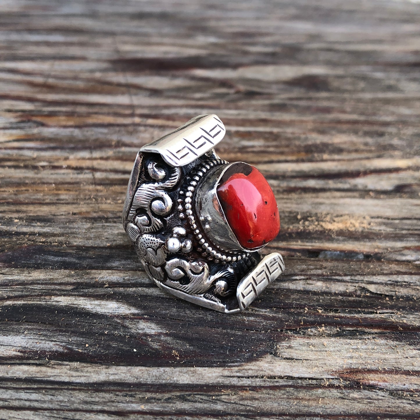 Red Coral Silver Saddle Ring