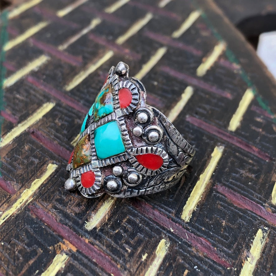 Turquoise And Coral Inlay Ring