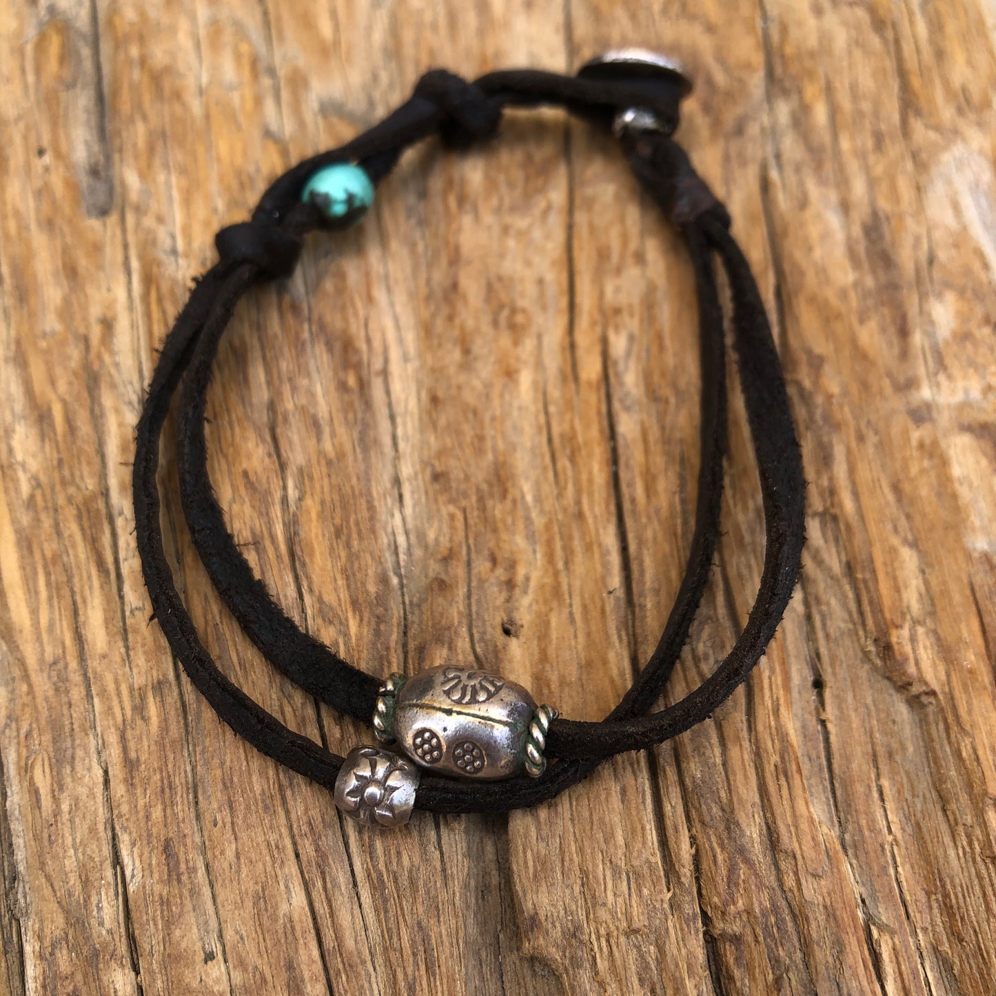 Silver Beads & Turquoise On Black Leather Bracelet