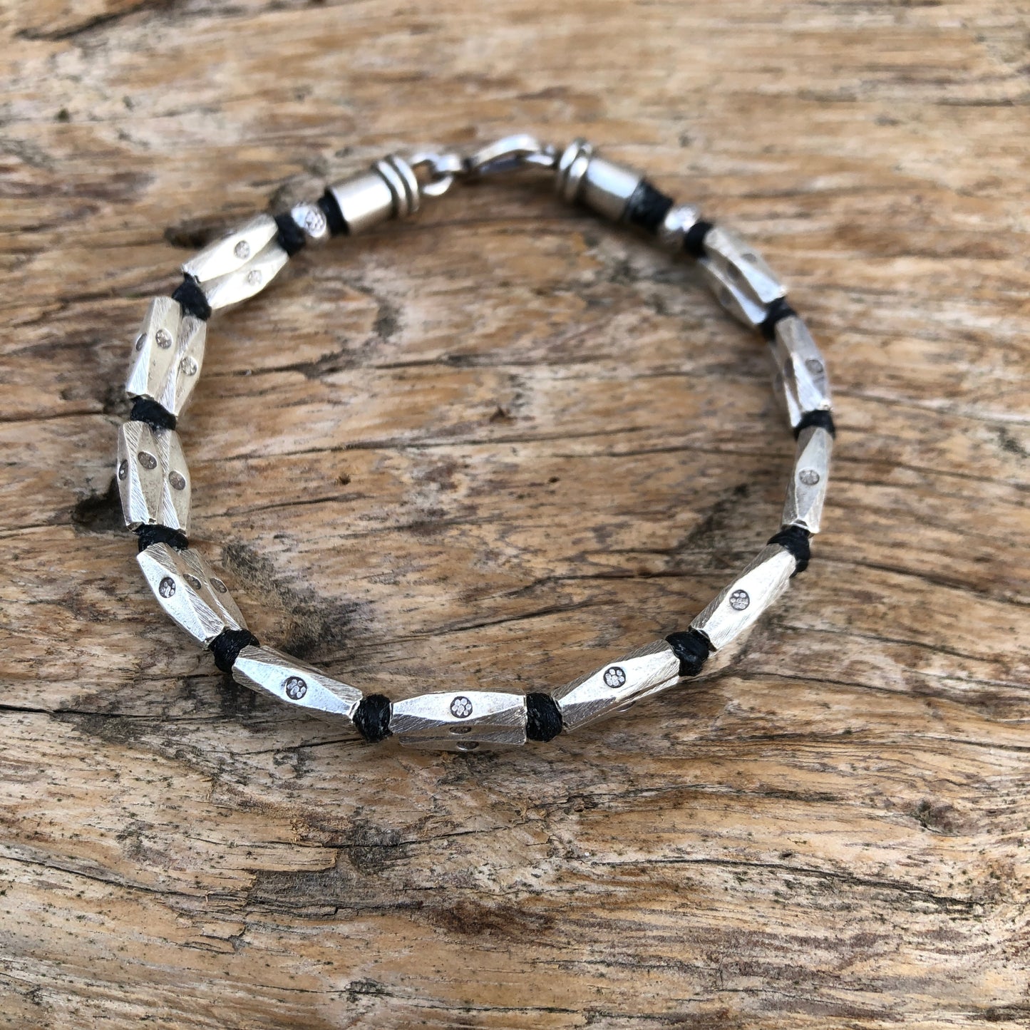 Solid Hilltribe Silver Beads On Linen Cord Bracelet