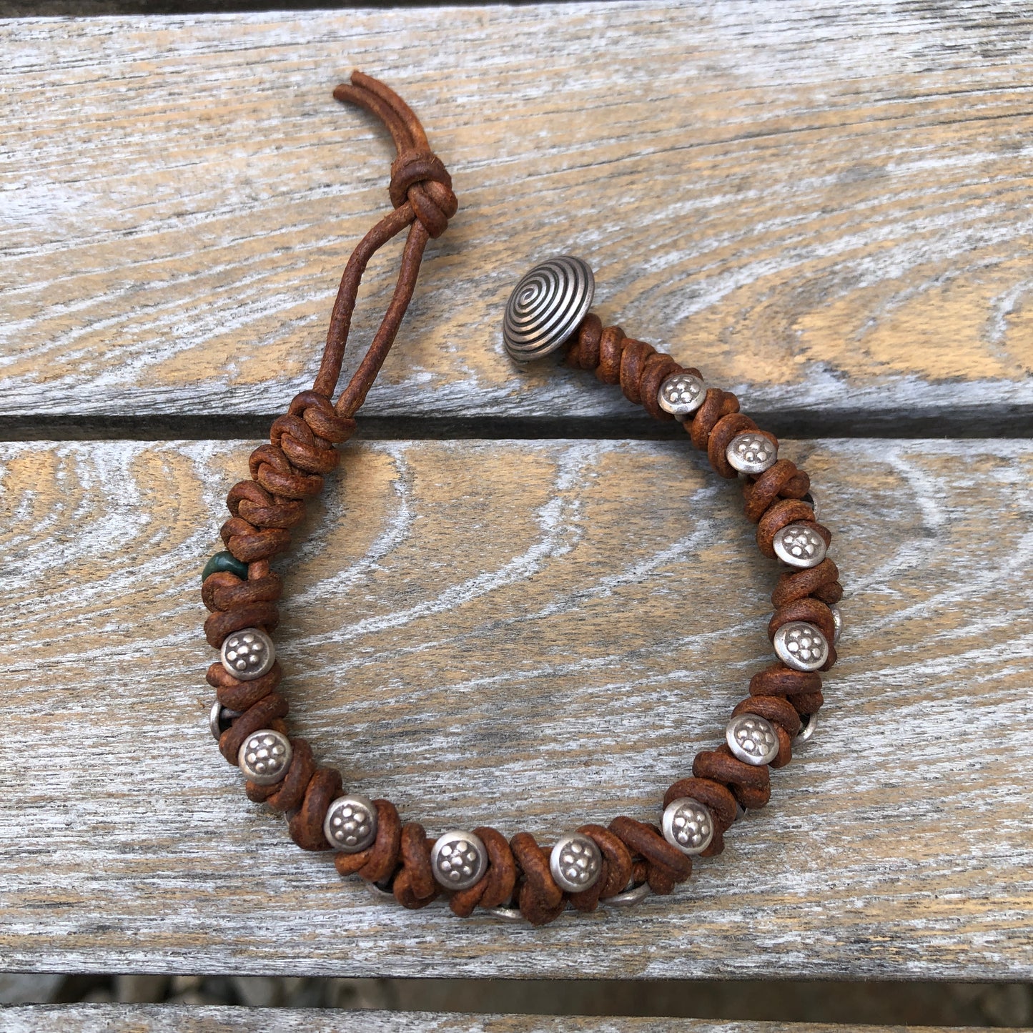 Hilltribe Silver Beads, Arizona Turquoise On Tan Leather Cord