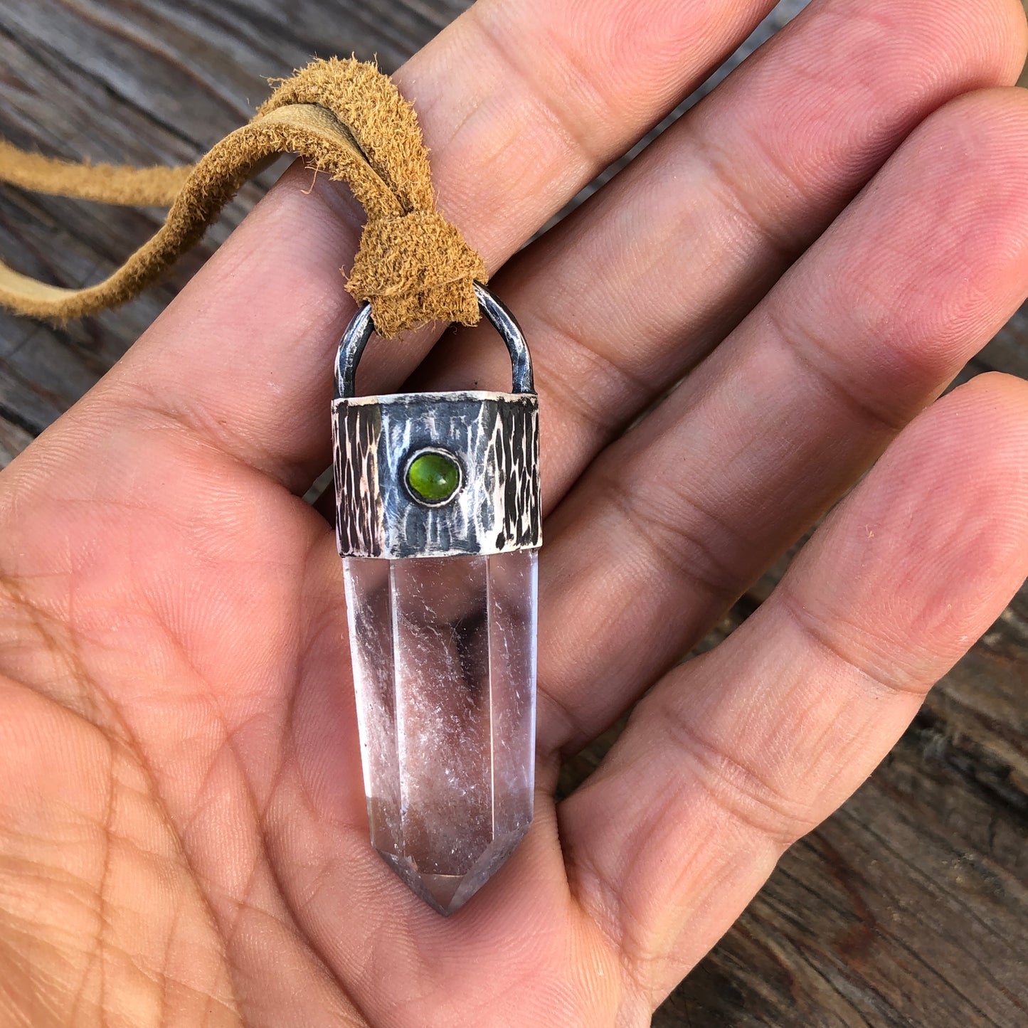 Clear Crystal Quartz Point Pendant On Leather Lace Necklace