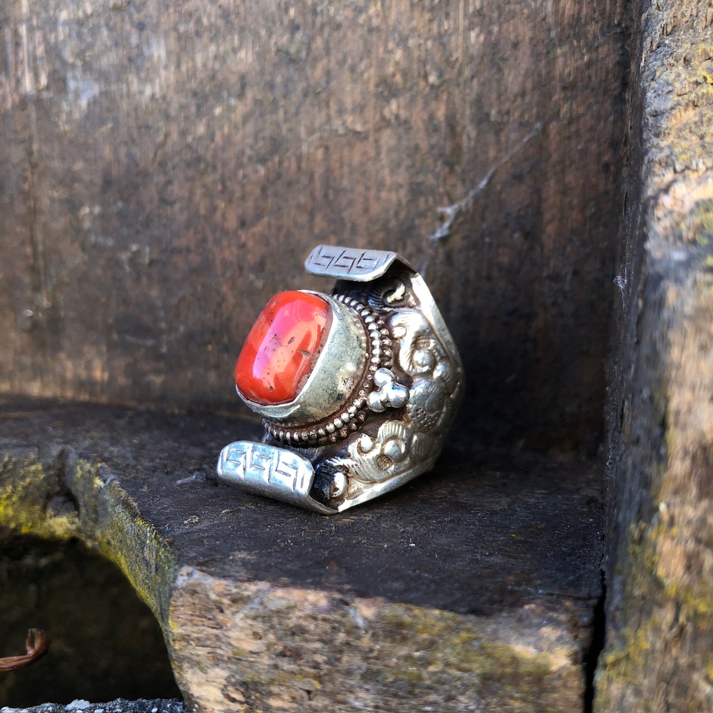 Red Coral Tibetan Saddle Ring