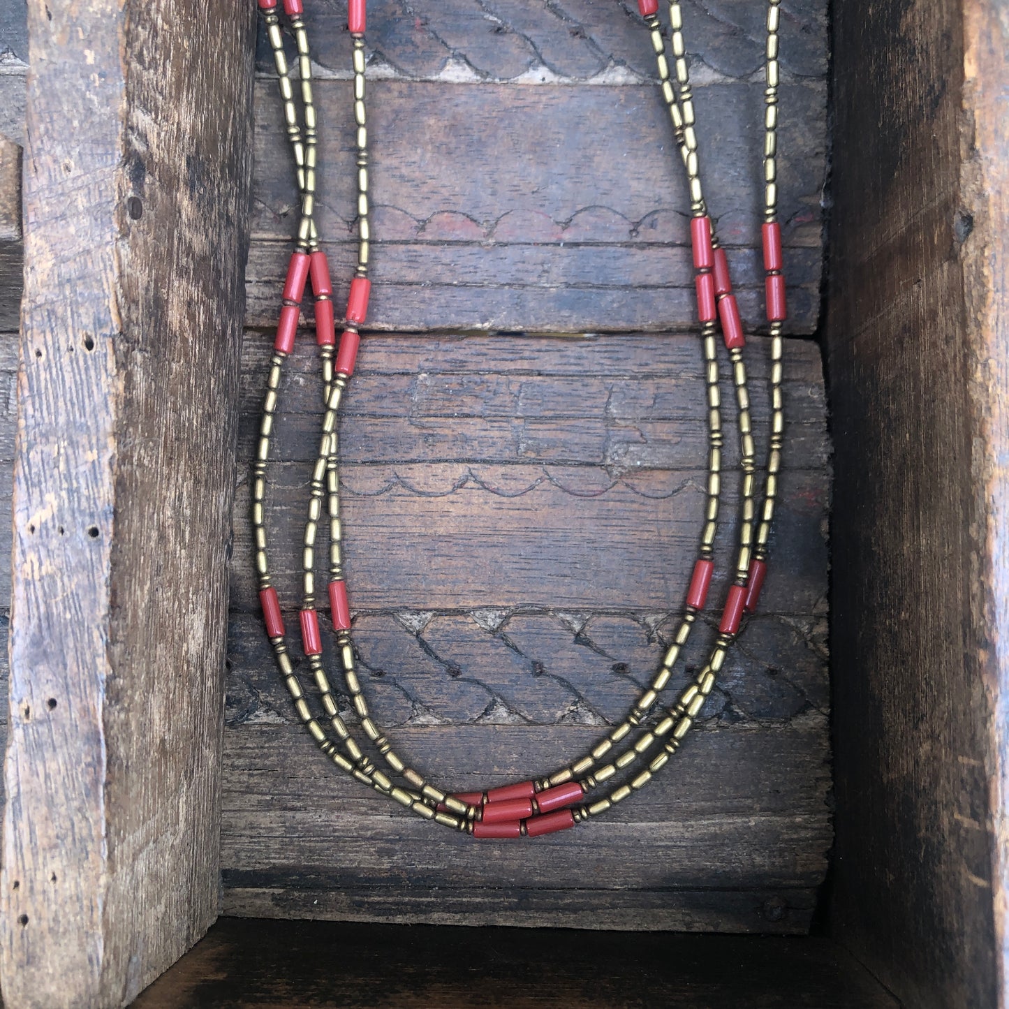 Three Strand Coral & Brass Long Necklace