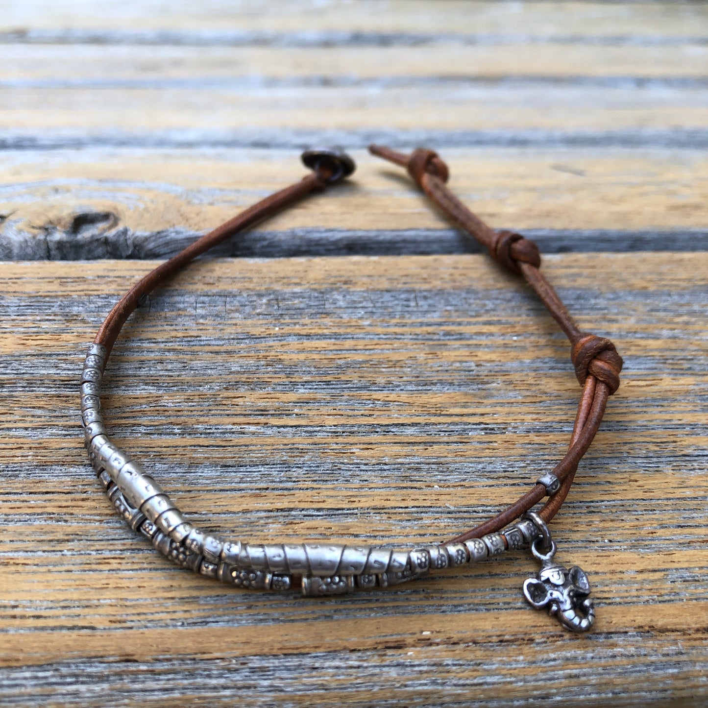 Hilltribe Silver Beads And Ganesha Charm On Dark Brown Leather Cord