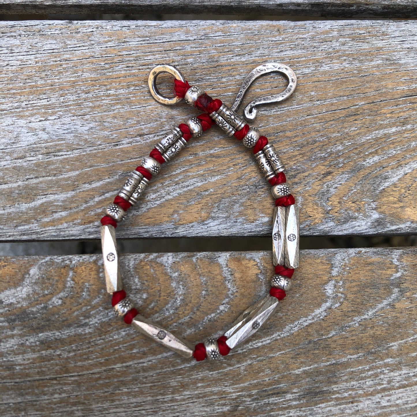 Solid Hilltribe Silver Beads On Red Cord Bracelet