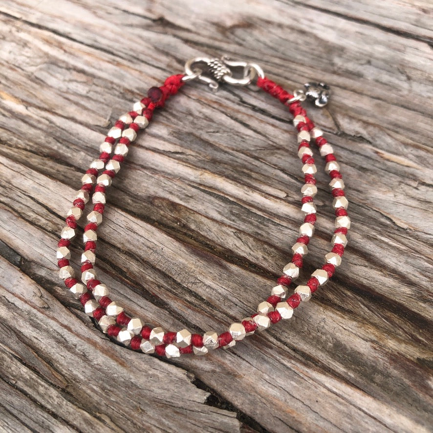 Knotted Silver Cubes Ganesha On Red Cord Bracelet