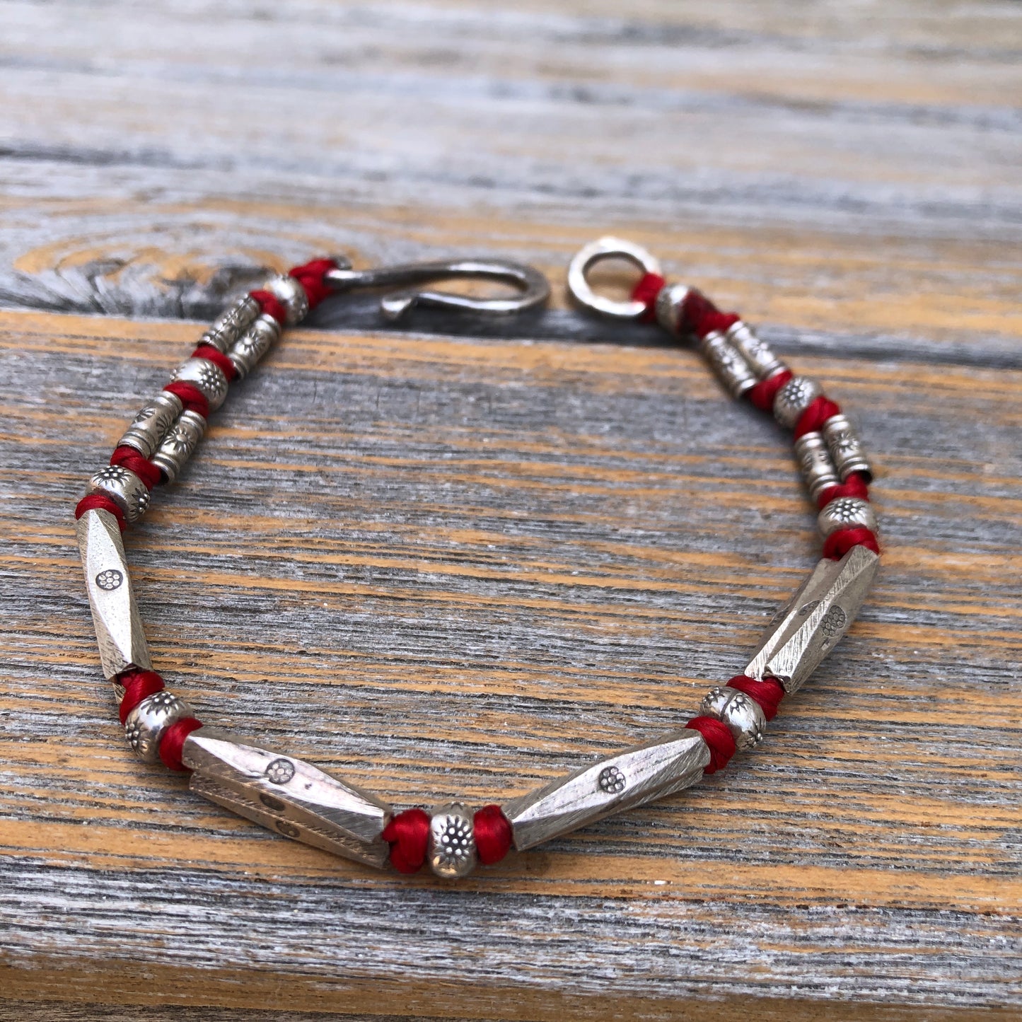 Solid Hilltribe Silver Beads On Red Cord Bracelet