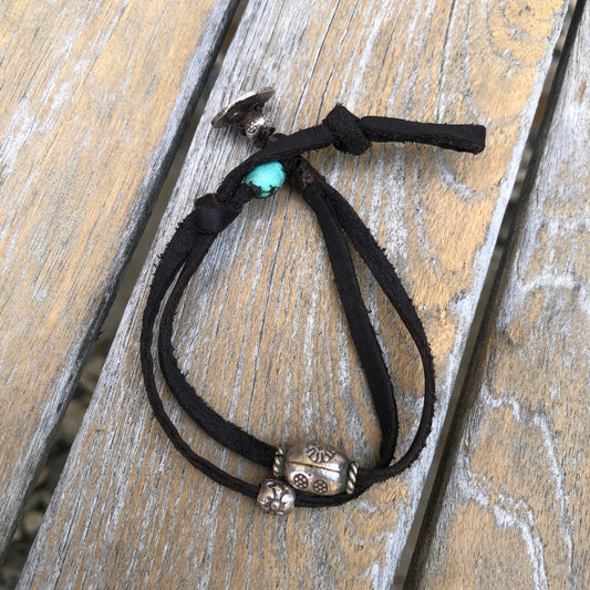 Silver Beads & Turquoise On Black Leather Bracelet