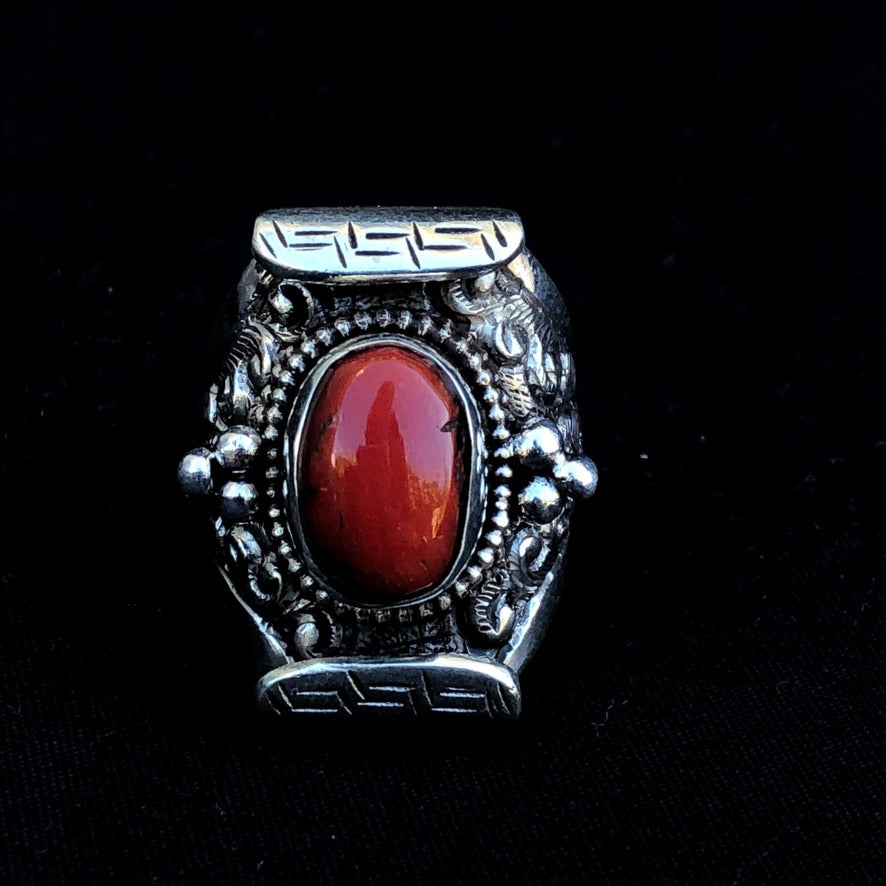 Tibetan Red Coral Saddle Ring