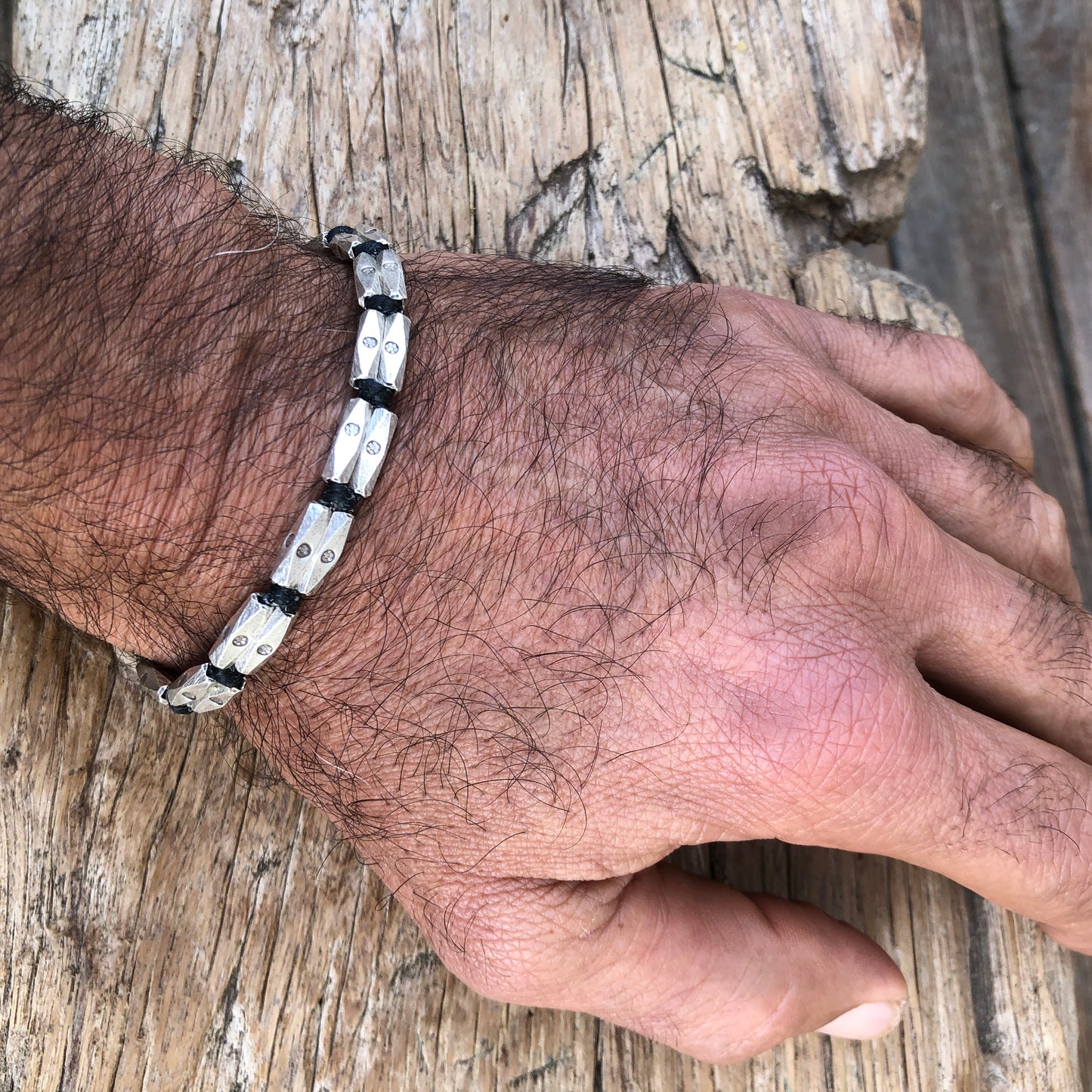 Solid Hilltribe Silver Beads On Linen Cord Bracelet