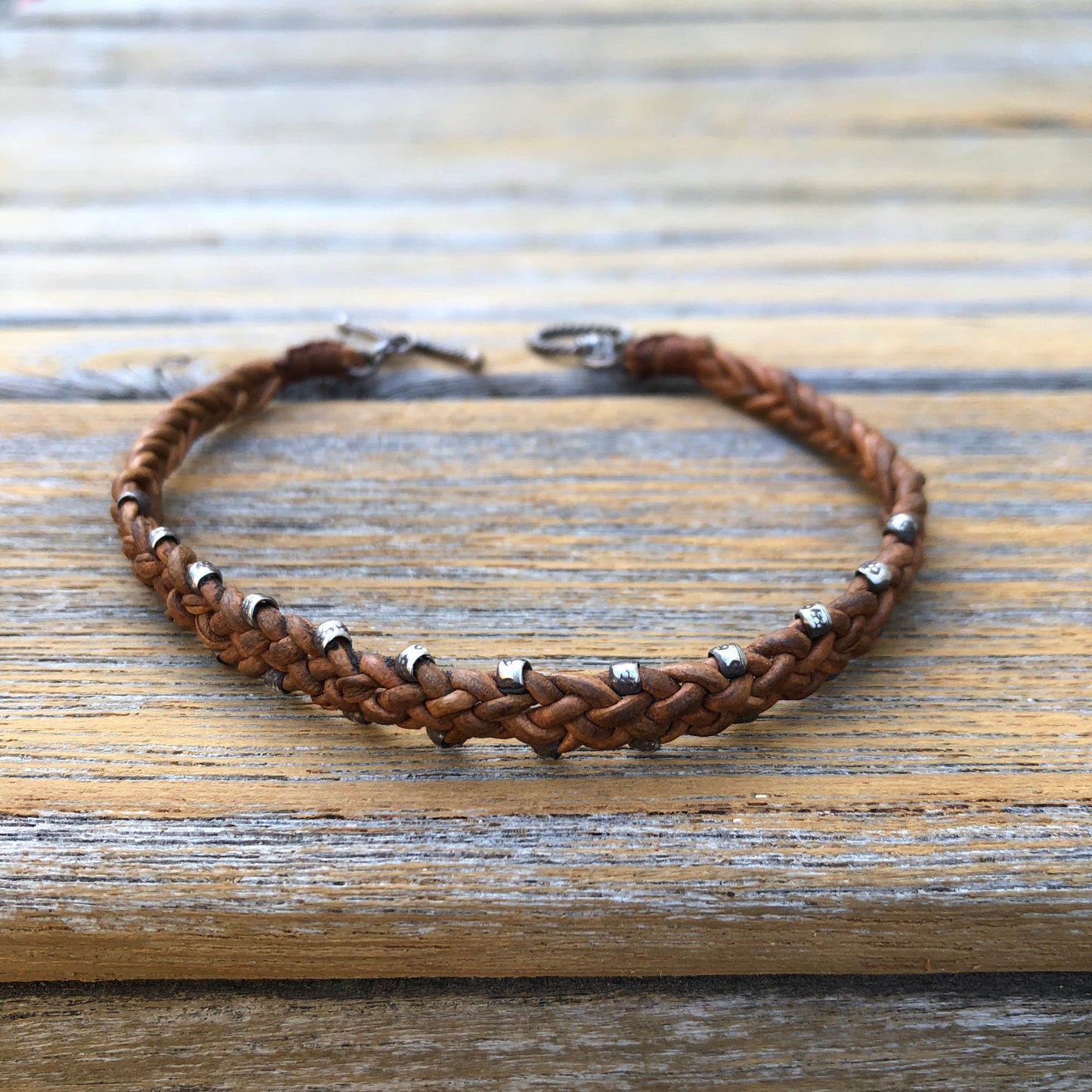 Hilltribe Silver Beads On Braided Tan Leather Cord