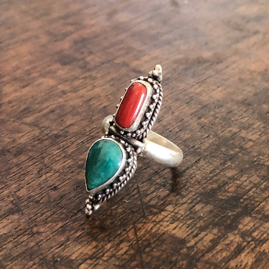 Coral & Turquoise Sterling Ring