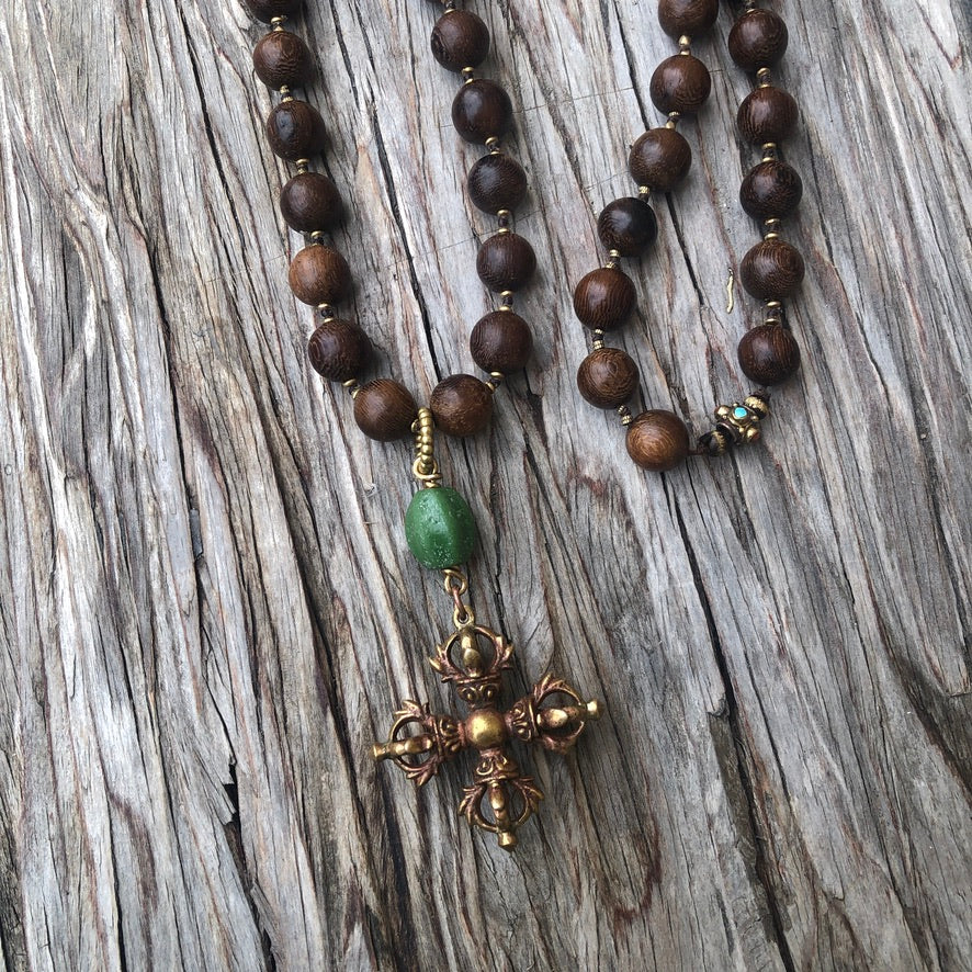 Double Dorje Wood Beaded Long Necklace