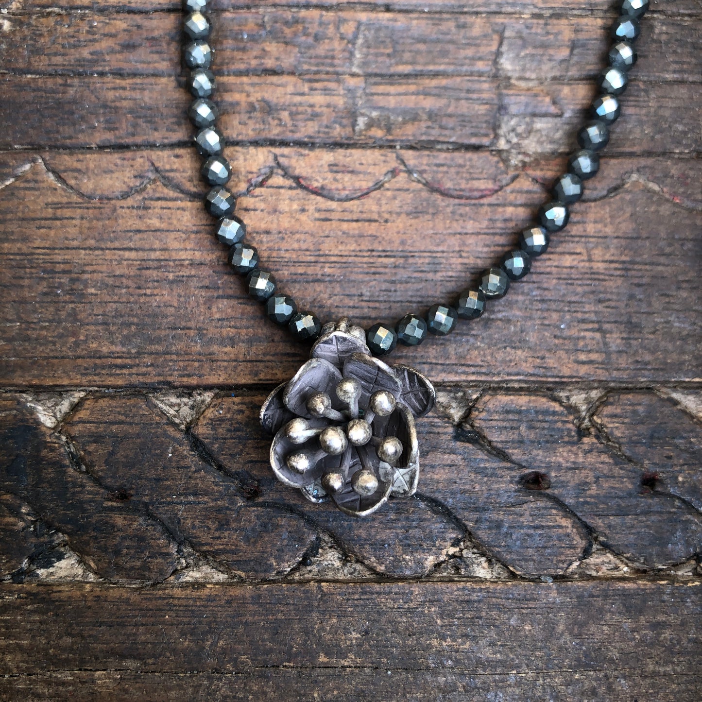 Pyrite sterling silver lotus necklace