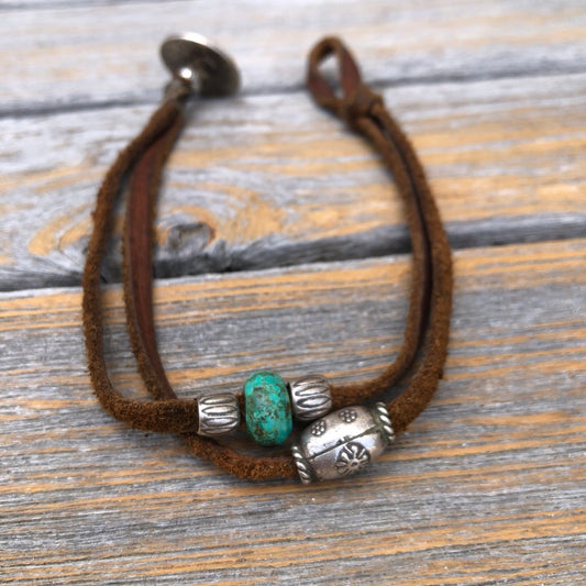 Silver Beads & Turquoise On Brown Leather Bracelet