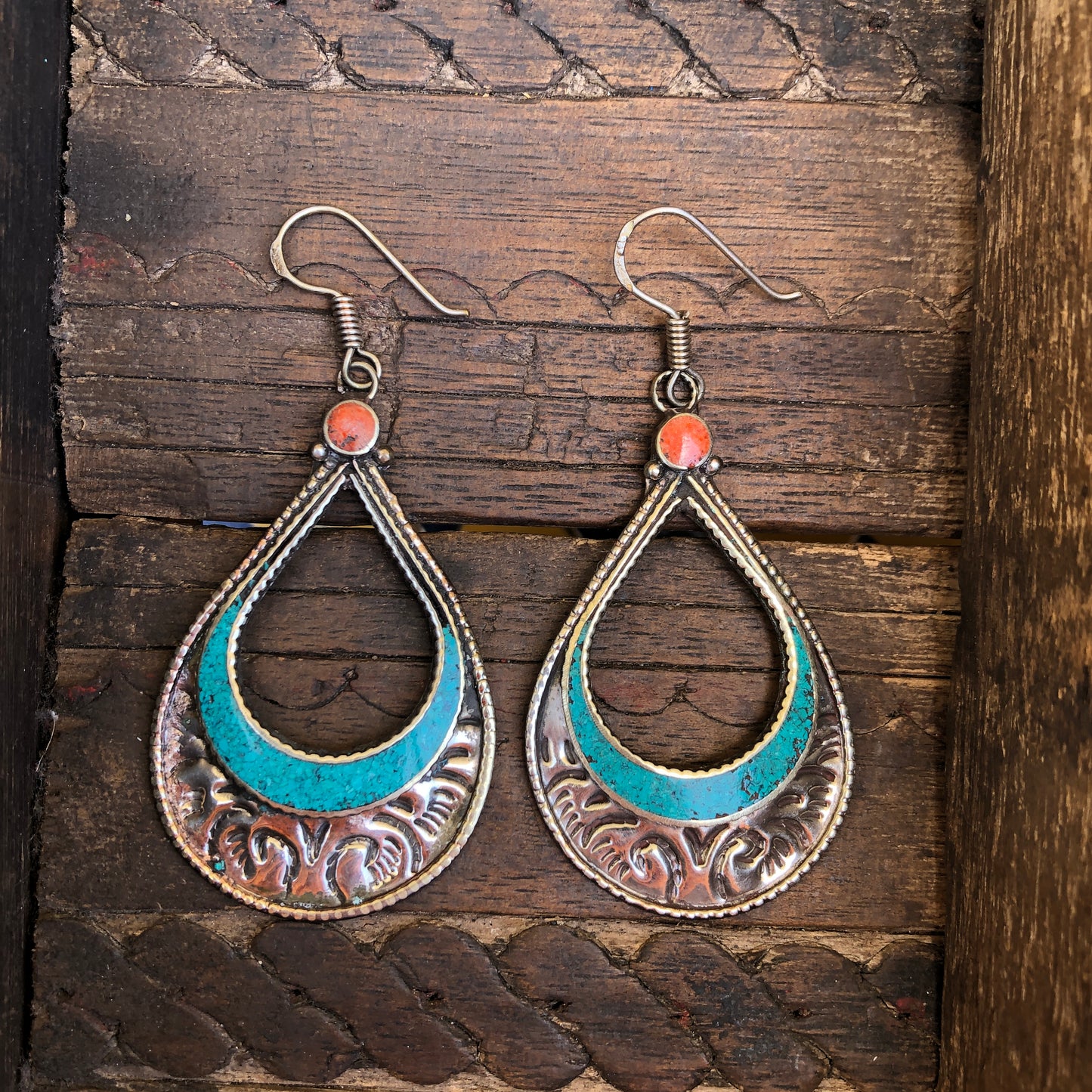 Turquoise And Coral Inlay Earrings