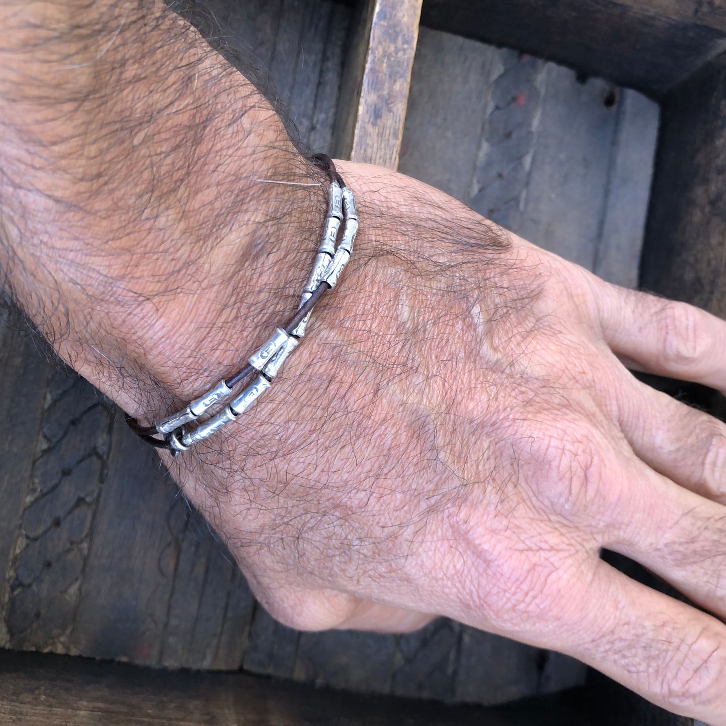 Hilltribe Silver Beads On Dark Brown Leather Cord