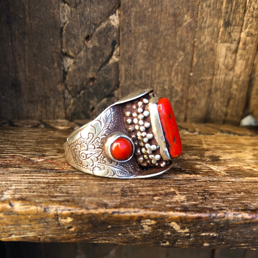 Red Coral Silver Saddle Ring