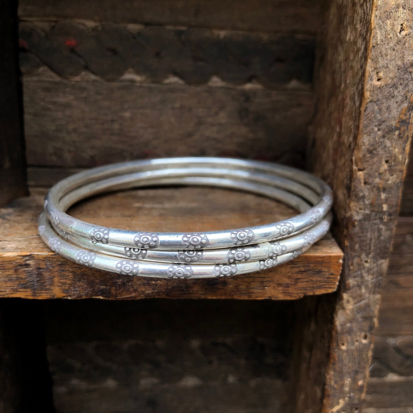 Etched Hilltribe Silver Bangle Bracelet