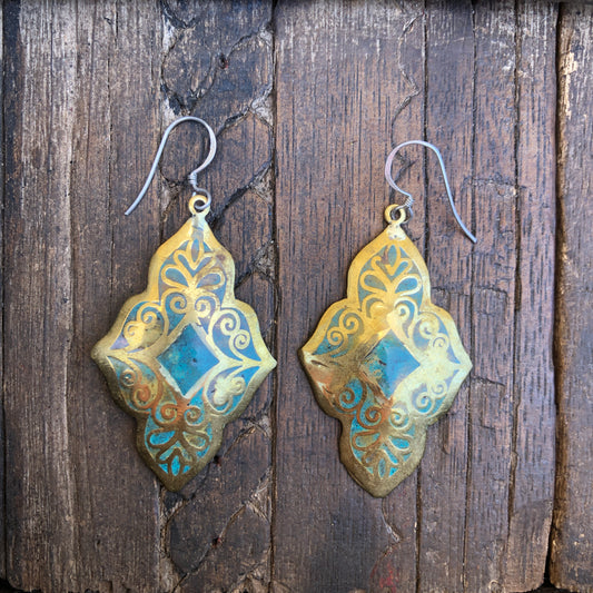 Turquoise Inlay On Brass Dangle Earrings