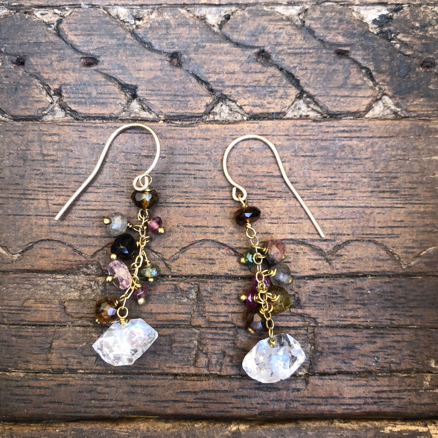 Herkimer Quartz And Tourmaline Dangle Earrings