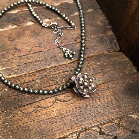 Pyrite sterling silver lotus necklace