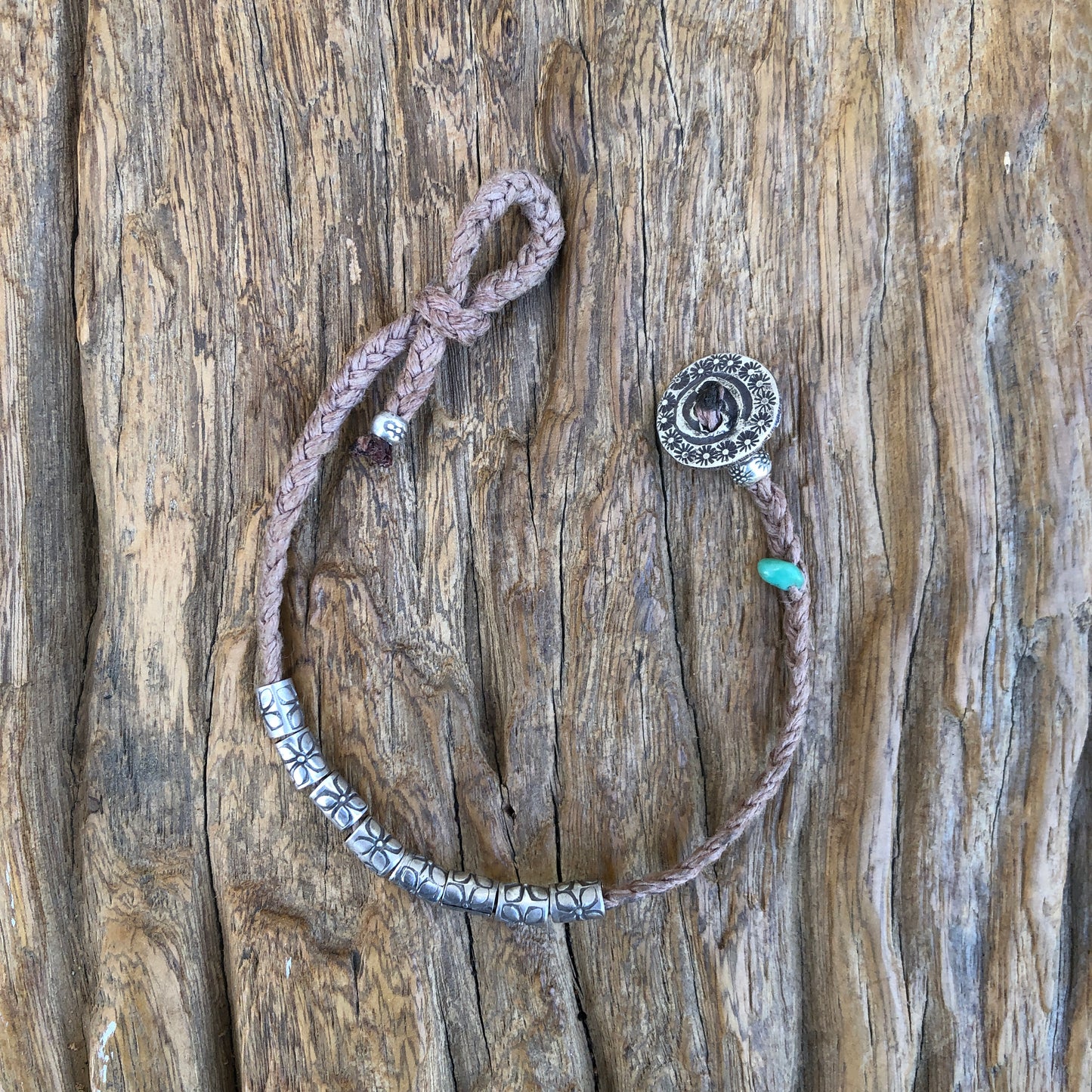 Hilltribe Silver Arizona Turquoise On Braided Natural Hemp Cord