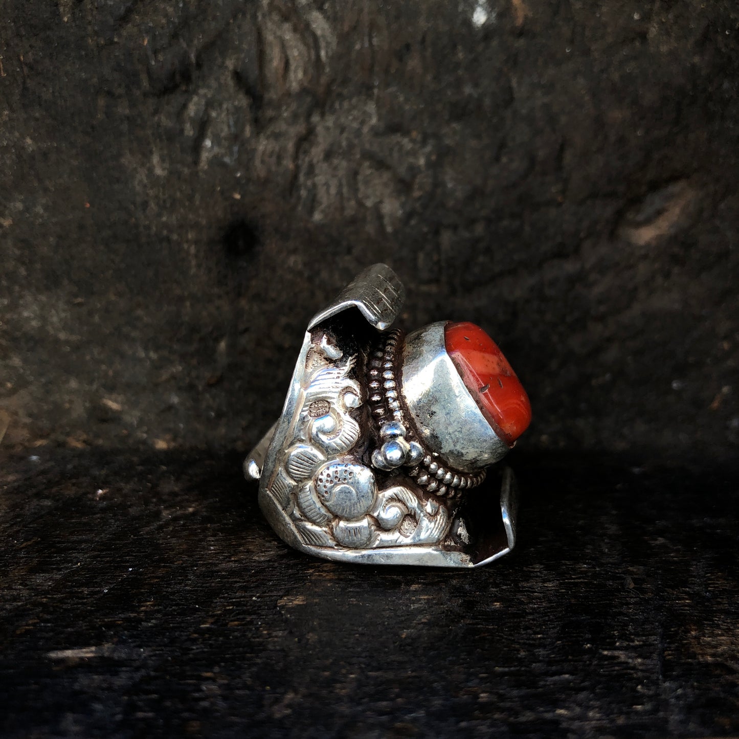 Red Coral Tibetan Saddle Ring