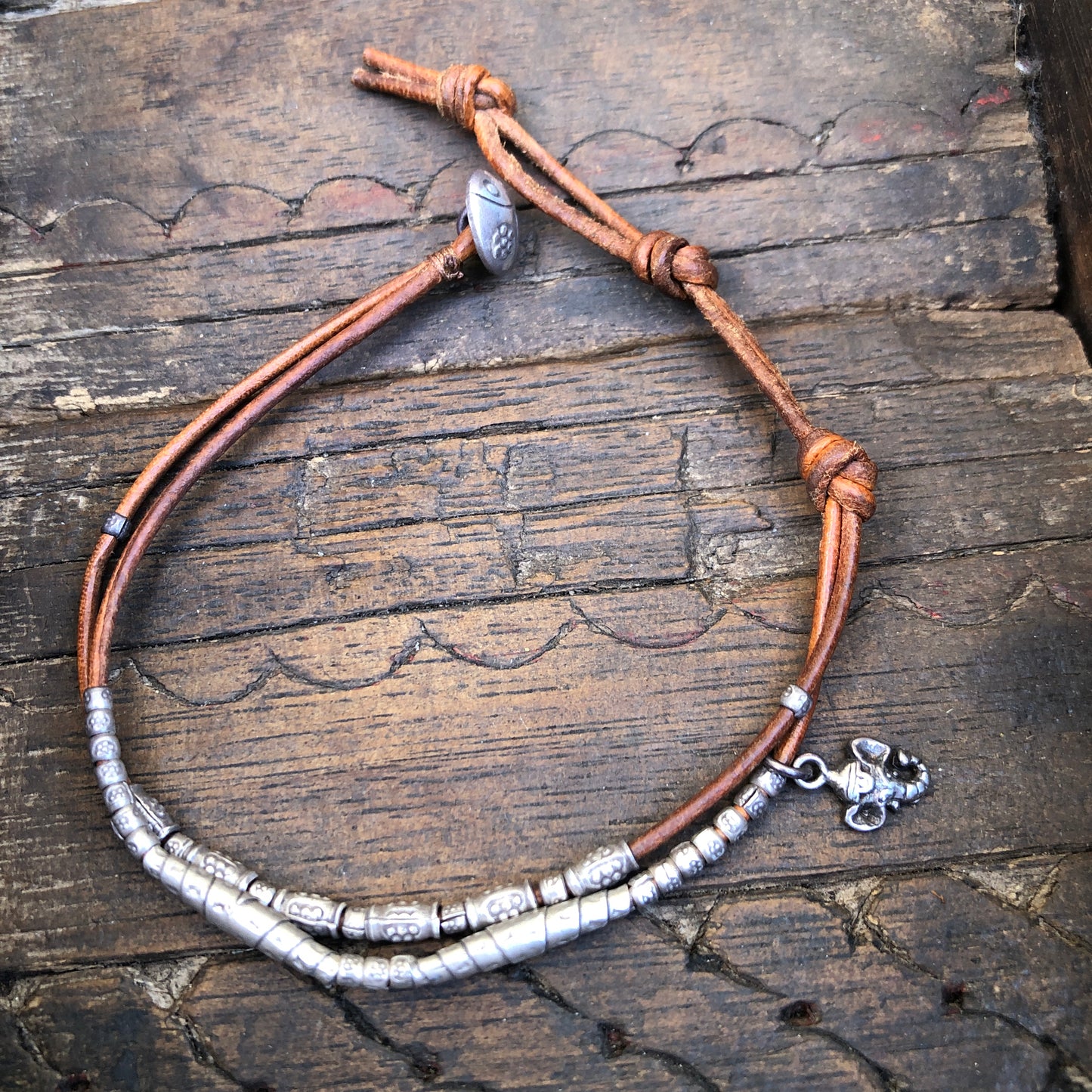 Hilltribe Silver Beads And Ganesha Charm On Dark Brown Leather Cord