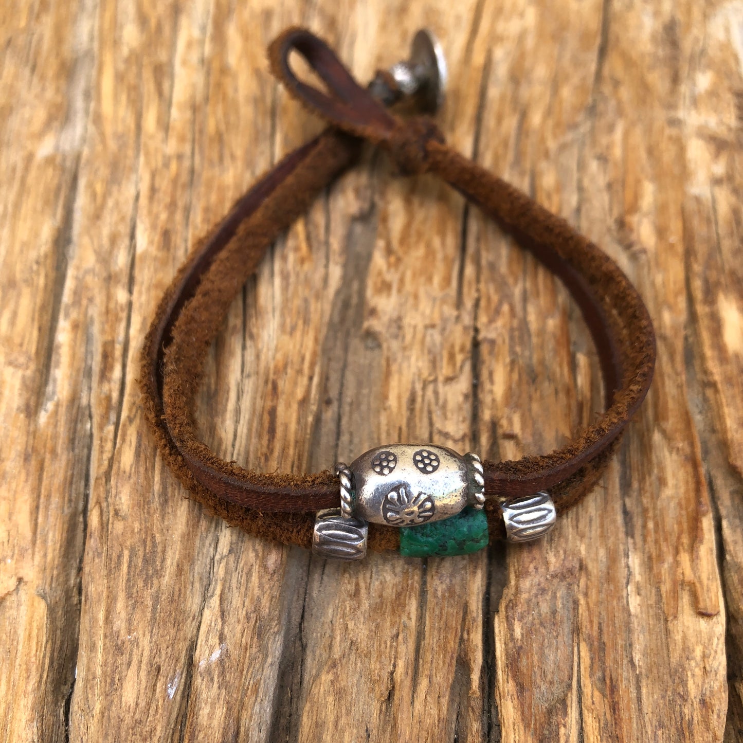 Silver Beads & Turquoise On Brown Leather Bracelet