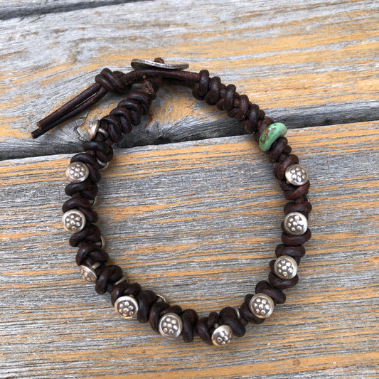 Hilltribe Silver Beads, Arizona Turquoise On Dark Brown Leather Cord