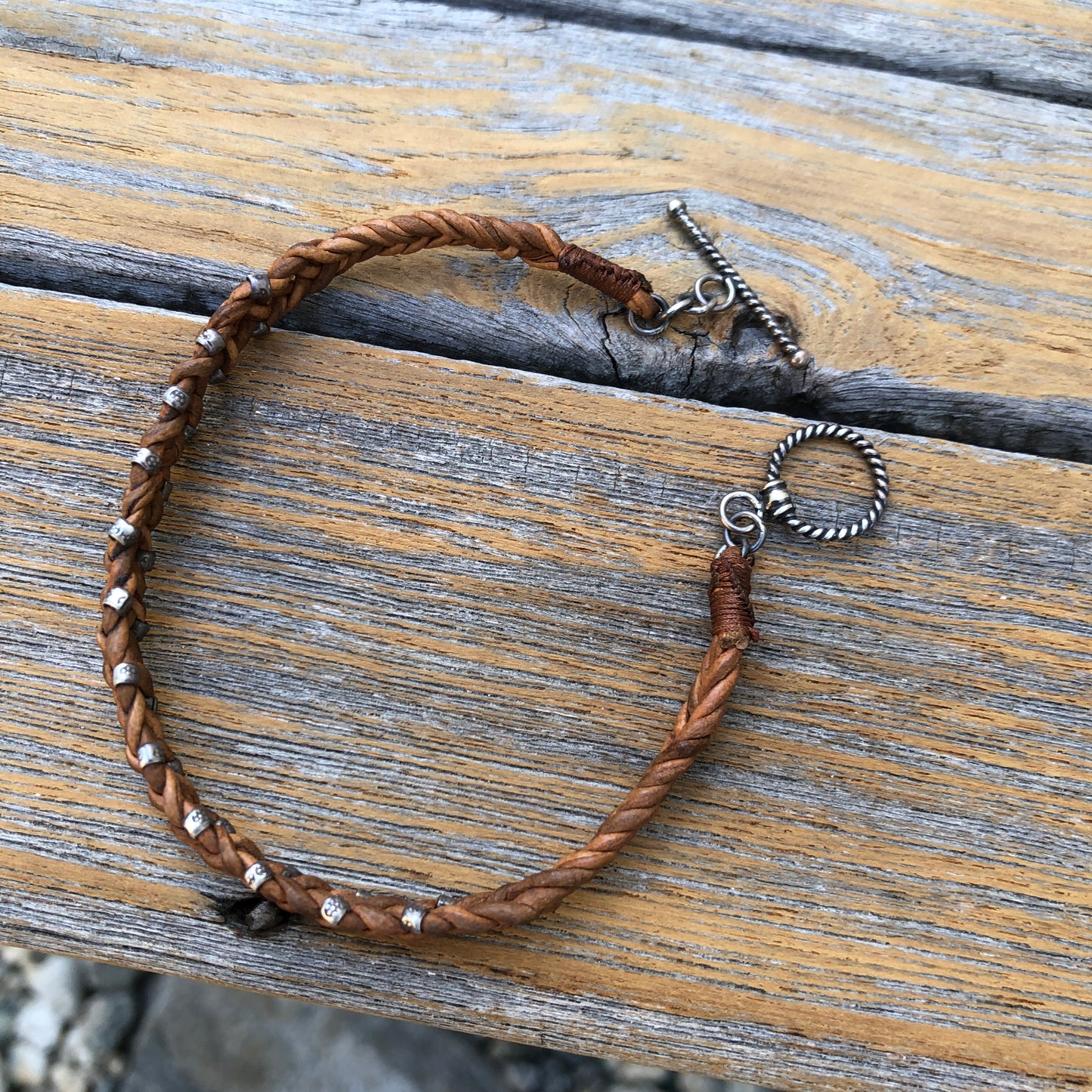 Hilltribe Silver Beads On Braided Tan Leather Cord