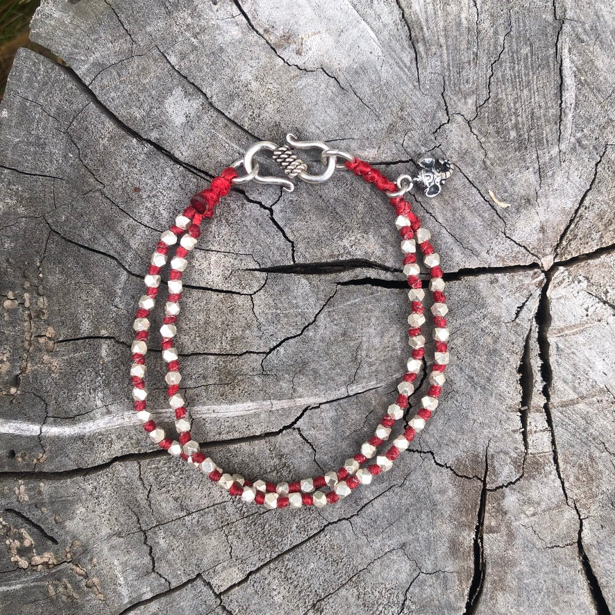 Knotted Silver Cubes Ganesha On Red Cord Bracelet