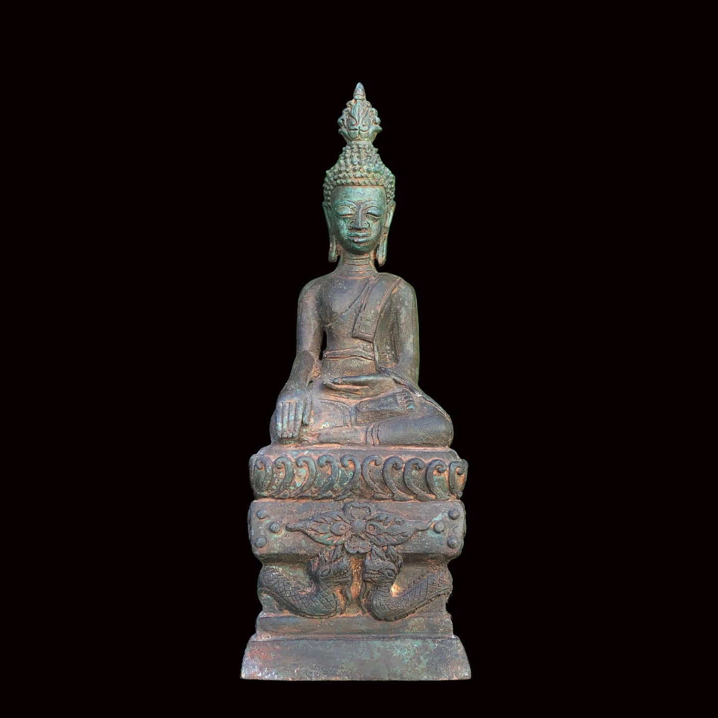 Antique Lao Bronze Buddha On Dragon Throne Bhumisparsha Mudra