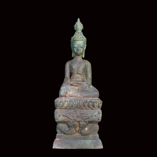 Antique Lao Bronze Buddha On Dragon Throne Bhumisparsha Mudra