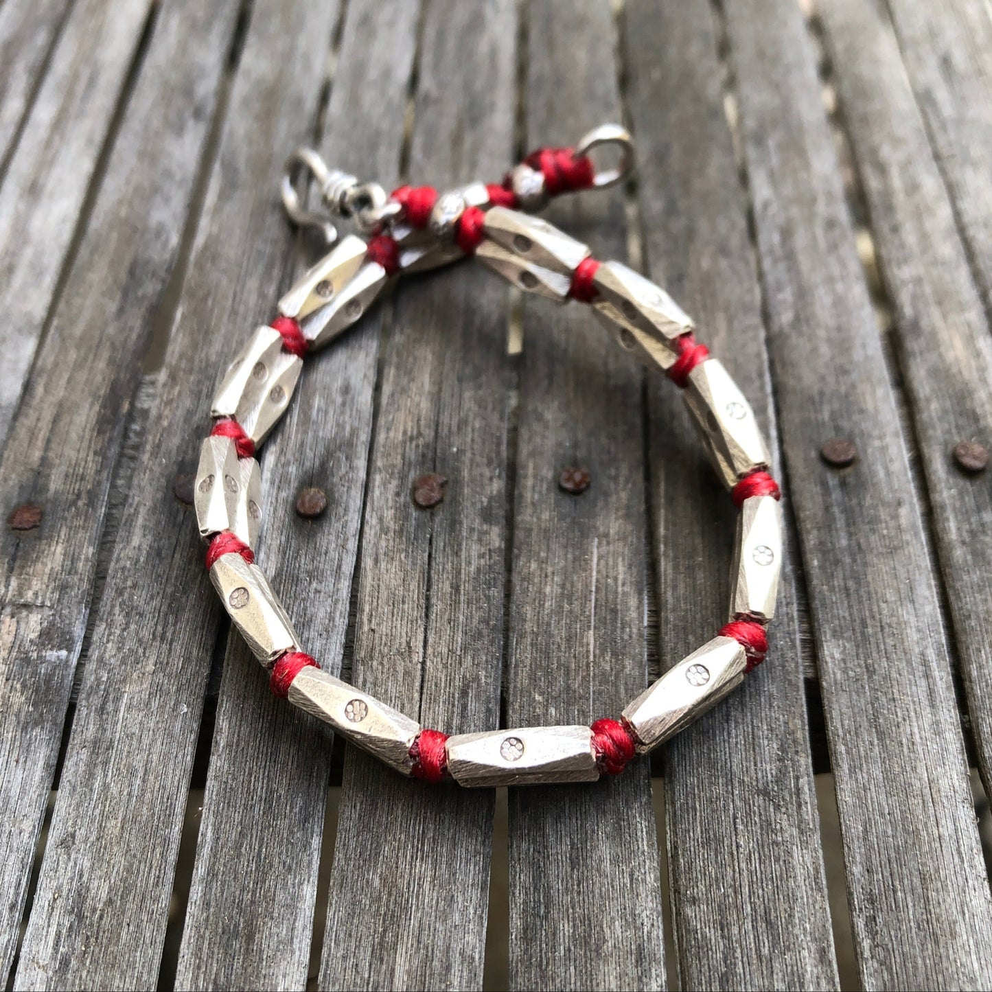 Solid Hilltribe Silver Beads On Linen Cord Bracelet