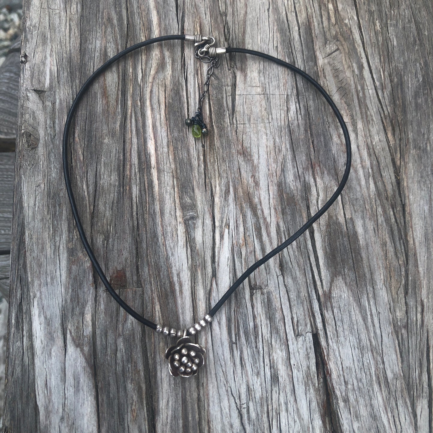 Silver Lotus Bud On Black Leather Cord Necklace