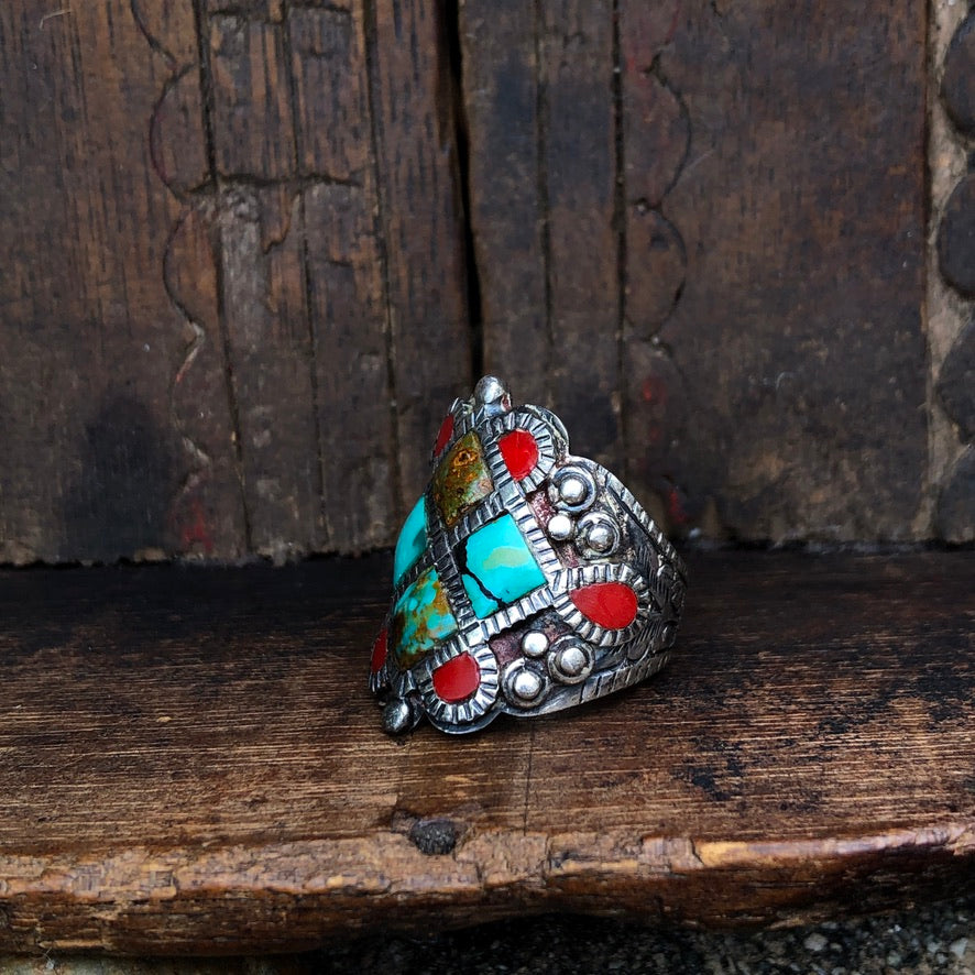 Turquoise And Coral Inlay Ring