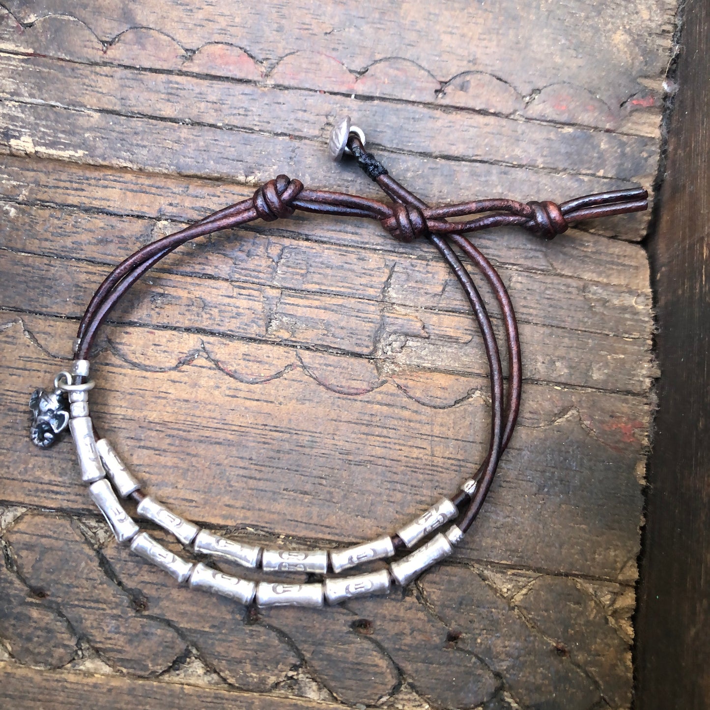 Hilltribe Silver Beads On Dark Brown Leather Cord