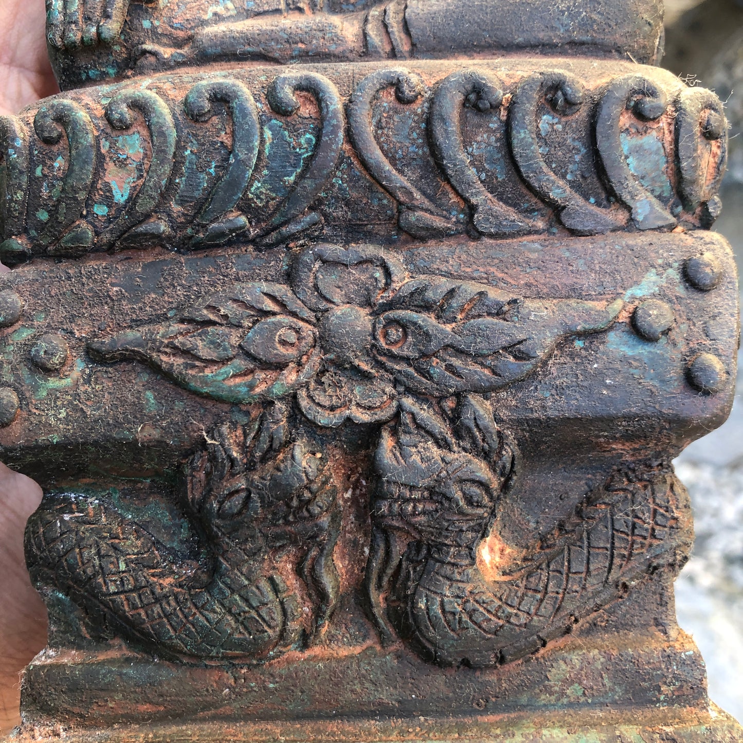 Antique Lao Bronze Buddha On Dragon Throne Bhumisparsha Mudra