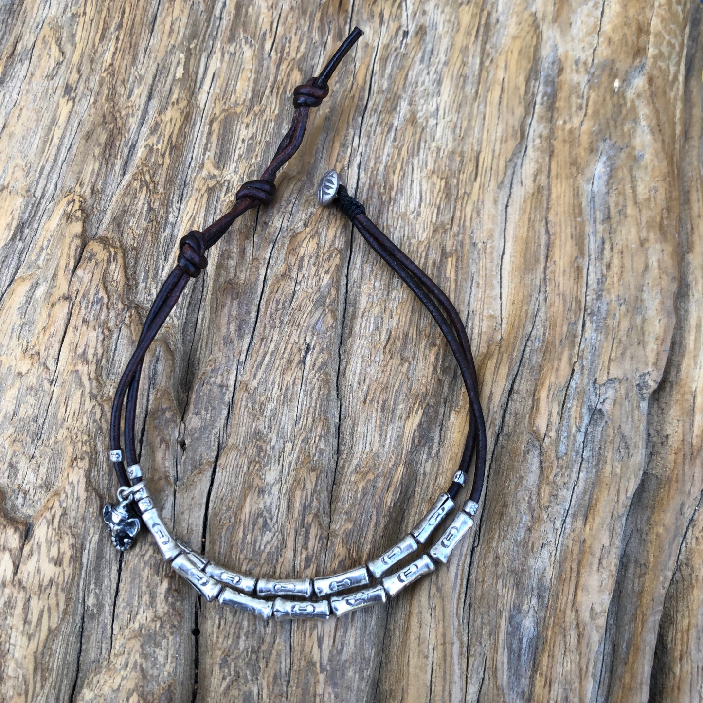 Hilltribe Silver Beads On Dark Brown Leather Cord