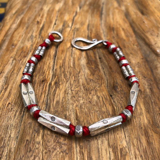 Solid Hilltribe Silver Beads On Red Cord Bracelet