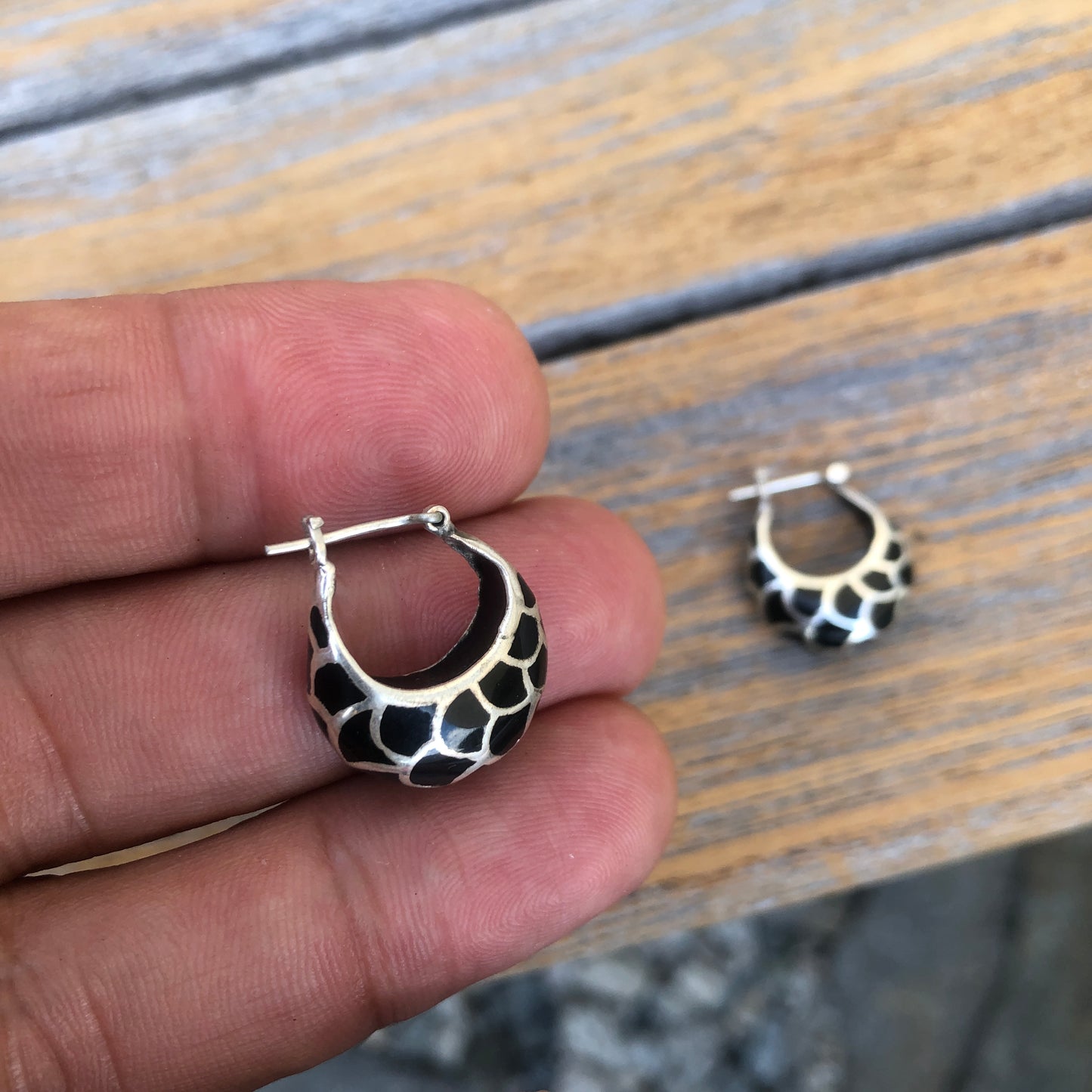 Black Seashell Silver Hoop Earrings